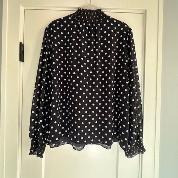 Women's J. Crew Black and White Polka Dot Lined High Neck Blouse Sz L - Picture 5 of 8
